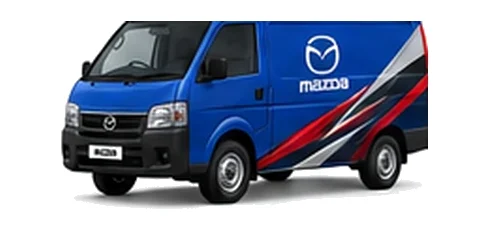 Mazda Bongo Brawny in blue with custom van vinyl graphics, front three-quarter view.