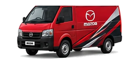 Mazda Bongo Brawny in red with custom van vinyl graphics, front three-quarter view.