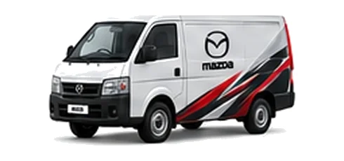 Mazda Bongo Van in white with custom van vinyl graphics, front three-quarter view.