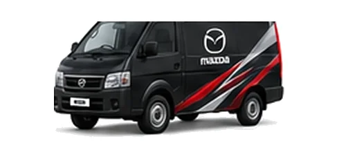 Mazda Bongo Van in black with custom van vinyl graphics, front three-quarter view.