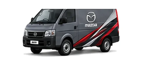 Mazda Bongo Van in grey with custom van vinyl graphics, front three-quarter view.