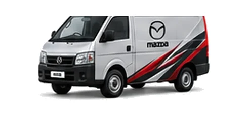 Mazda Bongo Van in silver with custom van vinyl graphics, front three-quarter view.