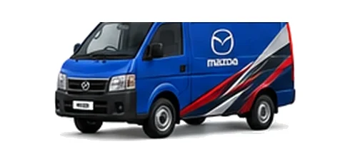 Mazda Bongo Van in blue with custom van vinyl graphics, front three-quarter view.