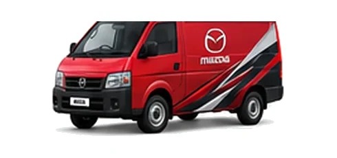 Mazda Bongo Van in red with custom van vinyl graphics, front three-quarter view.