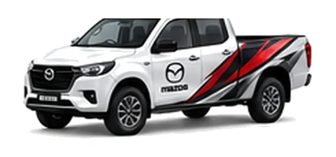 Mazda BT-50 Double Cab in white with custom van vinyl graphics, front three-quarter view.