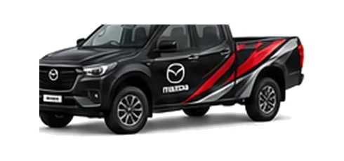 Mazda BT-50 Double Cab in black with custom van vinyl graphics, front three-quarter view.