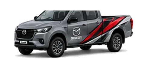 Mazda BT-50 Double Cab in grey with custom van vinyl graphics, front three-quarter view.
