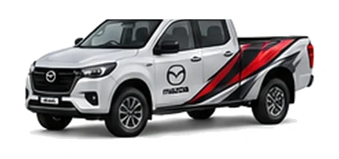 Mazda BT-50 Double Cab in silver with custom van vinyl graphics, front three-quarter view.
