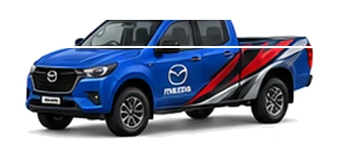 Mazda BT-50 Double Cab in blue with custom van vinyl graphics, front three-quarter view.