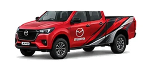 Mazda BT-50 Double Cab in red with custom van vinyl graphics, front three-quarter view.