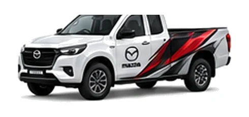 Mazda BT-50 Freestyle Cab in white with custom van vinyl graphics, front three-quarter view.