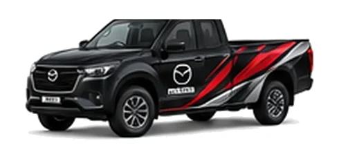 Mazda BT-50 Freestyle Cab in black with custom van vinyl graphics, front three-quarter view.