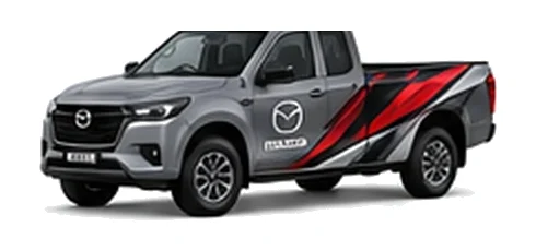 Mazda BT-50 Freestyle Cab in grey with custom van vinyl graphics, front three-quarter view.