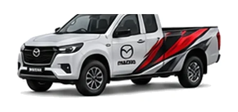 Mazda BT-50 Freestyle Cab in silver with custom van vinyl graphics, front three-quarter view.