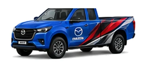 Mazda BT-50 Freestyle Cab in blue with custom van vinyl graphics, front three-quarter view.