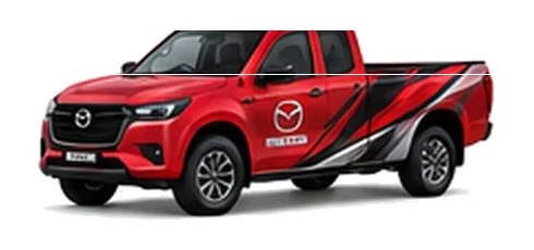 Mazda BT-50 Freestyle Cab in red with custom van vinyl graphics, front three-quarter view.