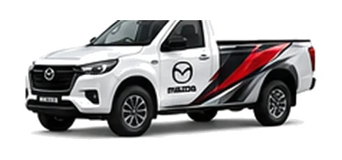 Mazda BT-50 Single Cab in white with custom van vinyl graphics, front three-quarter view.