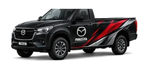 Mazda BT-50 Single Cab in black with custom van vinyl graphics, front three-quarter view.