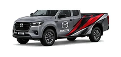 Mazda BT-50 Single Cab in grey with custom van vinyl graphics, front three-quarter view.
