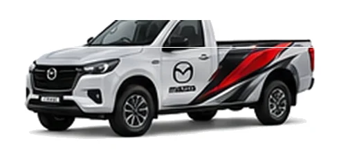 Mazda BT-50 Single Cab in silver with custom van vinyl graphics, front three-quarter view.