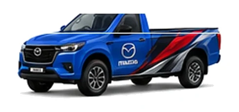 Mazda BT-50 Single Cab in blue with custom van vinyl graphics, front three-quarter view.