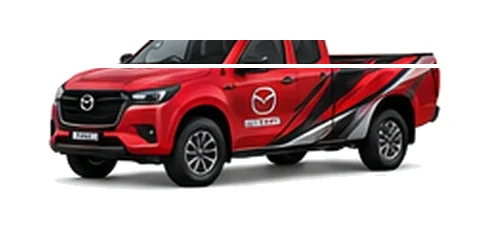 Mazda BT-50 Single Cab in red with custom van vinyl graphics, front three-quarter view.