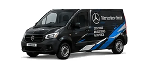 Mercedes Benz Citan in black with custom van vinyl graphics, front three-quarter view.
