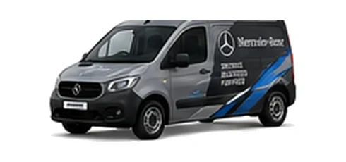 Mercedes Benz Citan in grey with custom van vinyl graphics, front three-quarter view.