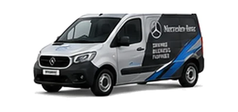 Mercedes Benz Citan in silver with custom van vinyl graphics, front three-quarter view.