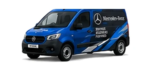 Mercedes Benz Citan in blue with custom van vinyl graphics, front three-quarter view.
