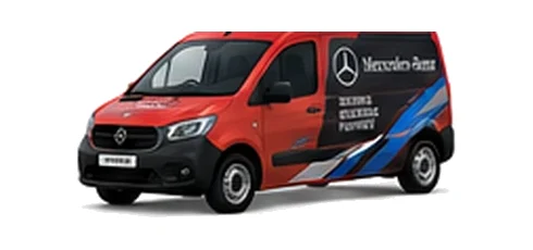 Mercedes Benz Citan in red with custom van vinyl graphics, front three-quarter view.