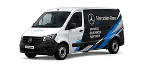 Mercedes Benz eVito in white with custom van vinyl graphics, front three-quarter view.