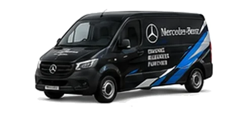 Mercedes Benz eVito in black with custom van vinyl graphics, front three-quarter view.