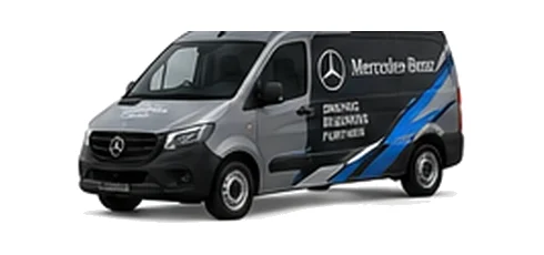 Mercedes Benz eVito in grey with custom van vinyl graphics, front three-quarter view.