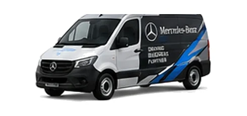 Mercedes Benz eVito in silver with custom van vinyl graphics, front three-quarter view.