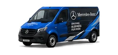 Mercedes Benz eVito in blue with custom van vinyl graphics, front three-quarter view.