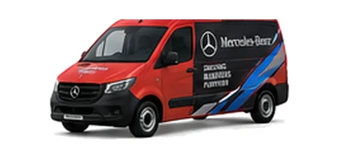 Mercedes Benz eVito in red with custom van vinyl graphics, front three-quarter view.