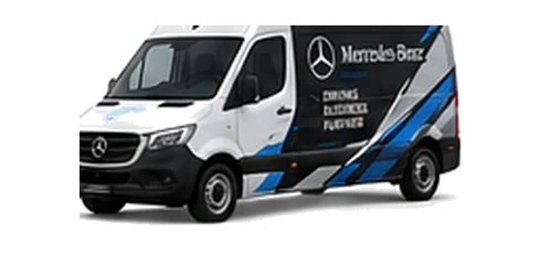Mercedes Benz Sprinter in white with custom van vinyl graphics, front three-quarter view.