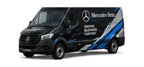 Mercedes Benz Sprinter in black with custom van vinyl graphics, front three-quarter view.