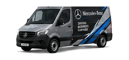 Mercedes Benz Sprinter in grey with custom van vinyl graphics, front three-quarter view.