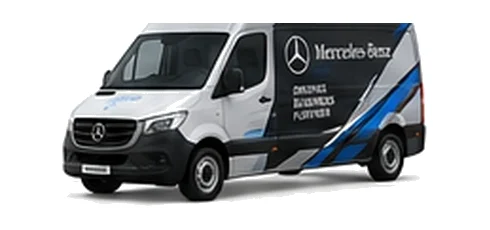 Mercedes Benz Sprinter in silver with custom van vinyl graphics, front three-quarter view.