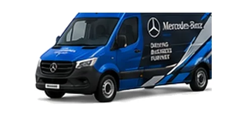 Mercedes Benz Sprinter in blue with custom van vinyl graphics, front three-quarter view.