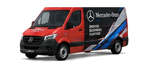Mercedes Benz Sprinter in red with custom van vinyl graphics, front three-quarter view.