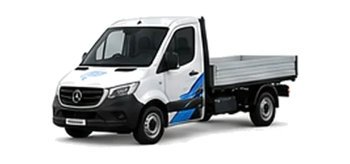 Mercedes Benz Sprinter Chassis Cab in white with custom van vinyl graphics, front three-quarter view.