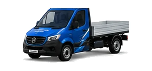 Mercedes Benz Sprinter Chassis Cab in blue with custom van vinyl graphics, front three-quarter view.