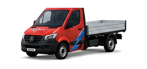 Mercedes Benz Sprinter Chassis Cab in red with custom van vinyl graphics, front three-quarter view.
