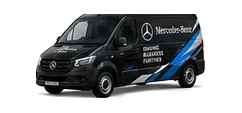 Mercedes Benz Vito in black with custom van vinyl graphics, front three-quarter view.