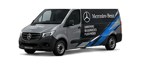 Mercedes Benz Vito in grey with custom van vinyl graphics, front three-quarter view.