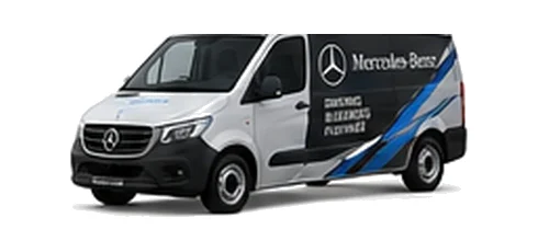 Mercedes Benz Vito in silver with custom van vinyl graphics, front three-quarter view.