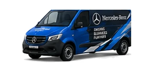 Mercedes Benz Vito in blue with custom van vinyl graphics, front three-quarter view.